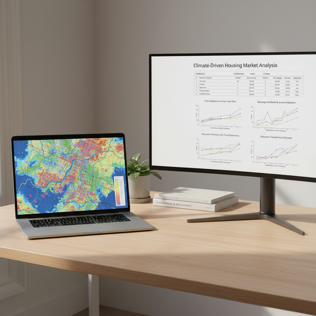 A meticulously organized modern workstation in photographic realism, featuring a slim, silver laptop displaying a colorful choropleth map of housing prices and flood risk indicators across a metropolitan area. Next to it, an ultra-wide monitor shows a clean regression output table and a multi-panel chart of climate-related housing market responses. The desk surface is smooth light wood, with a single small potted plant and a closed stack of academic-looking reports with plain, minimalist covers. Soft daylight from an unseen window to the left casts even, natural illumination with faint directional shadows, highlighting the screens without glare. Shot from a slightly elevated eye-level angle, the composition follows the rule of thirds, with a calm, professional atmosphere that conveys rigorous, data-driven research in environmental economics.