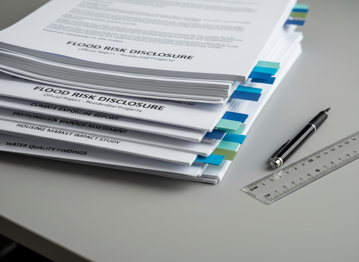A close-up, photographic shot of a dense stack of property disclosure documents and environmental reports on a minimalist grey desk, each with clearly legible but generic titles like “Flood Risk Disclosure,” “Climate Exposure Report,” and “Housing Market Impact Study.” Colored sticky-note tabs protrude from the edges, forming a gradient of blues and greens that evoke water and environmental themes. A transparent ruler and a fine-point pen rest neatly beside the stack, suggesting careful quantitative analysis. Soft, overhead diffused lighting eliminates harsh shadows, emphasizing texture in the paper and gentle reflections on the pen. Shot from a slightly angled overhead perspective with shallow depth of field, the front document is in crisp focus while the rest blur subtly, creating a professional, contemplative mood about how information and mandates shape housing decisions.