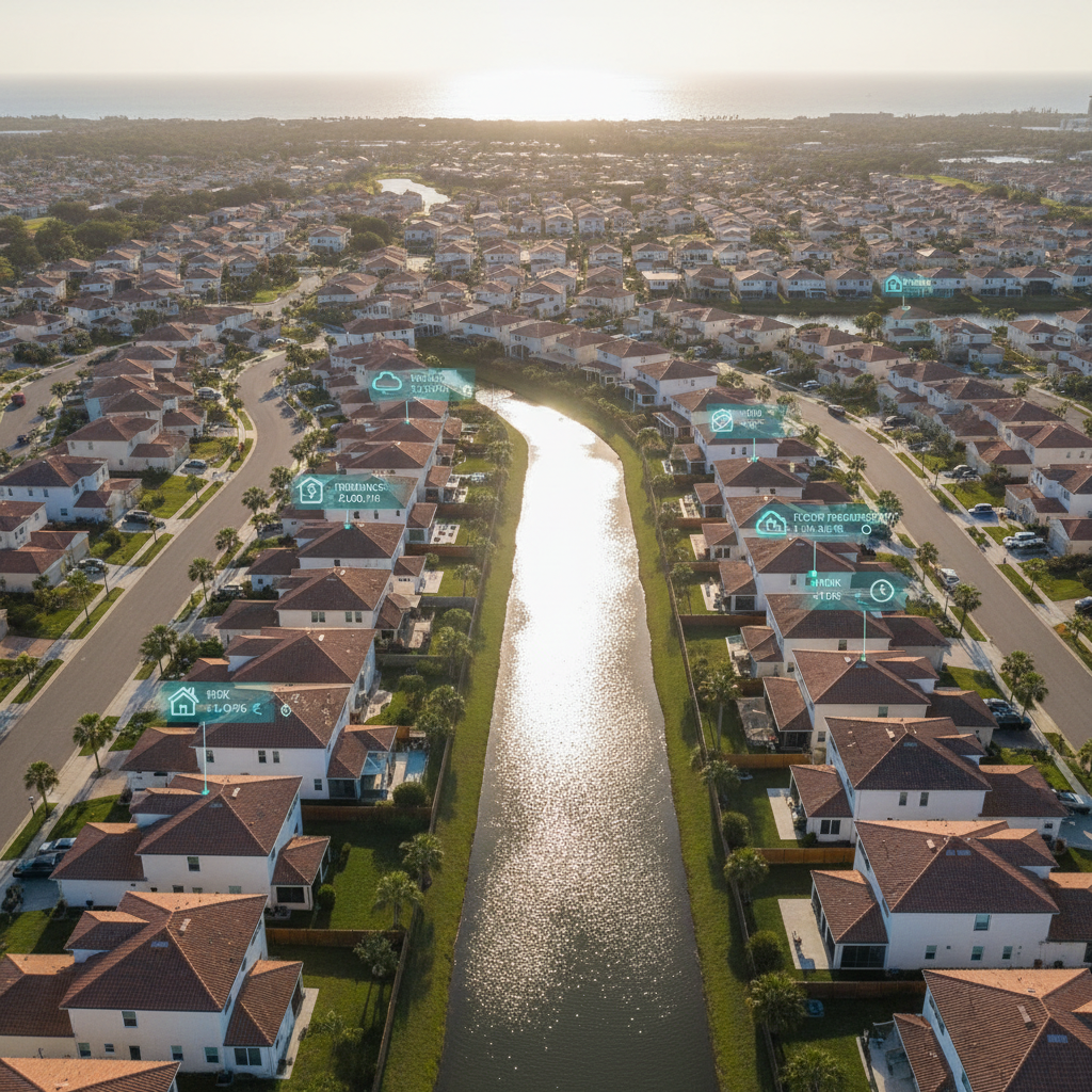 An aerial, photographic view of a suburban coastal subdivision at golden hour, where nearly identical houses line curving streets. A thin, reflective canal snakes behind some backyards, its water catching the warm, low-angle sunlight. Several houses nearest the canal have subtle visual cues of elevated foundations and flood vents, while farther homes appear at grade, referencing heterogeneous flood risk. Overlaid semi-transparent infographics hover cleanly over select rooftops, showing tiny icons for insurance costs, property values, and projected flood frequencies. The lighting is warm and directional, casting long, soft shadows that emphasize topography and proximity to water. The composition is wide and panoramic with sharp focus, creating a serene yet contemplative mood about climate risk, information frictions, and real estate markets.