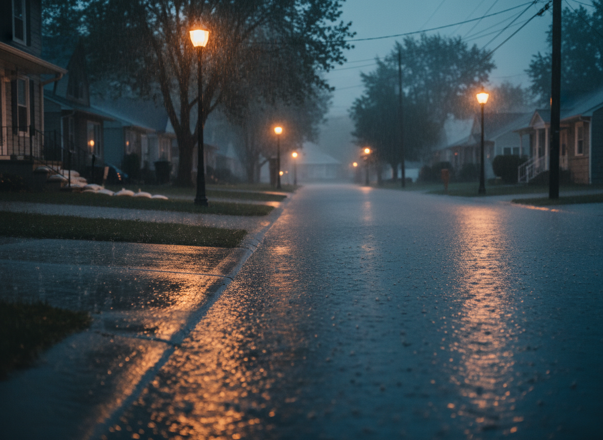 A dimly lit, high-resolution photographic scene of a quiet residential street during a heavy evening rain, with water pooling along the curbs and subtly creeping up the edges of driveways. Streetlights cast warm, diffuse circles of light that shimmer on the wet asphalt, while darker, unlit areas recede into soft shadow. Some houses show small sandbag barriers or elevated entryways, hinting at prior flood experiences, while others appear unprotected. The camera is positioned at curb height, looking down the street with a gentle leading line perspective that draws the eye into the distance. Reflections of light in the shallow water create a calm but slightly uneasy atmosphere, symbolizing the intersection of everyday housing life and growing climate-related flood risk.