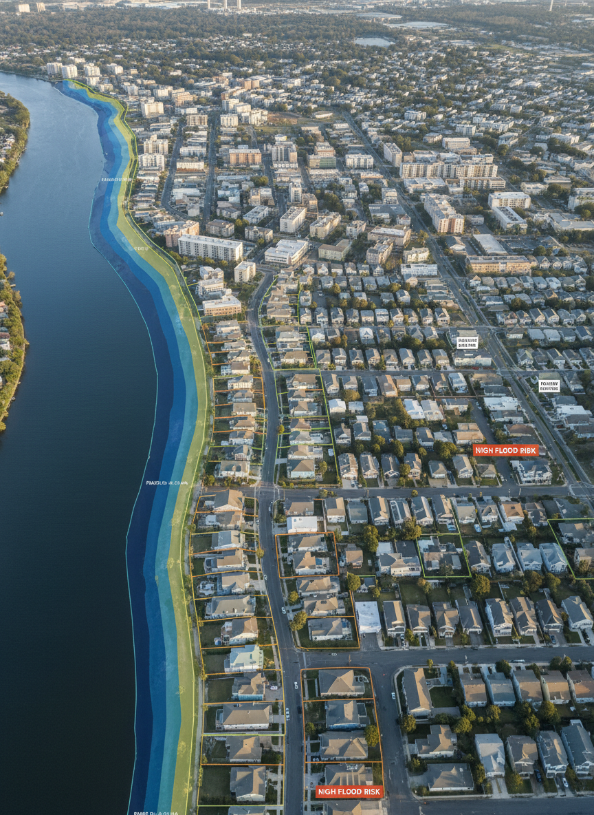 A large, detailed top-down photographic view of a coastal city neighborhood, with rows of varied single-family houses and mid-rise apartment buildings in muted coastal colors. A wide river curves along one edge, with clear demarcations of a FEMA-style floodplain overlay in semi-transparent blue and yellow tones integrated into the landscape. The scene is lit by soft, diffused late-afternoon light that creates gentle shadows but no harsh contrast, emphasizing clarity and legibility. The composition uses sharp focus throughout, with subtle labels on parcels and a few highlighted properties to suggest differential flood risk. The mood is analytical yet calm, conveying evidence-based environmental economics. Clean, modern mapping aesthetics and photographic realism blend to feel like a high-end research visualization of housing and flood risk.